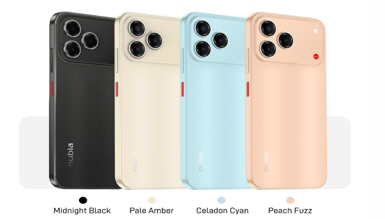 Nubia V80 Design ditawarkan dalam empat varian warna, meliputi Midnight Black, Pale Amber, Celadon Cyan, dan Peach Fuzz.