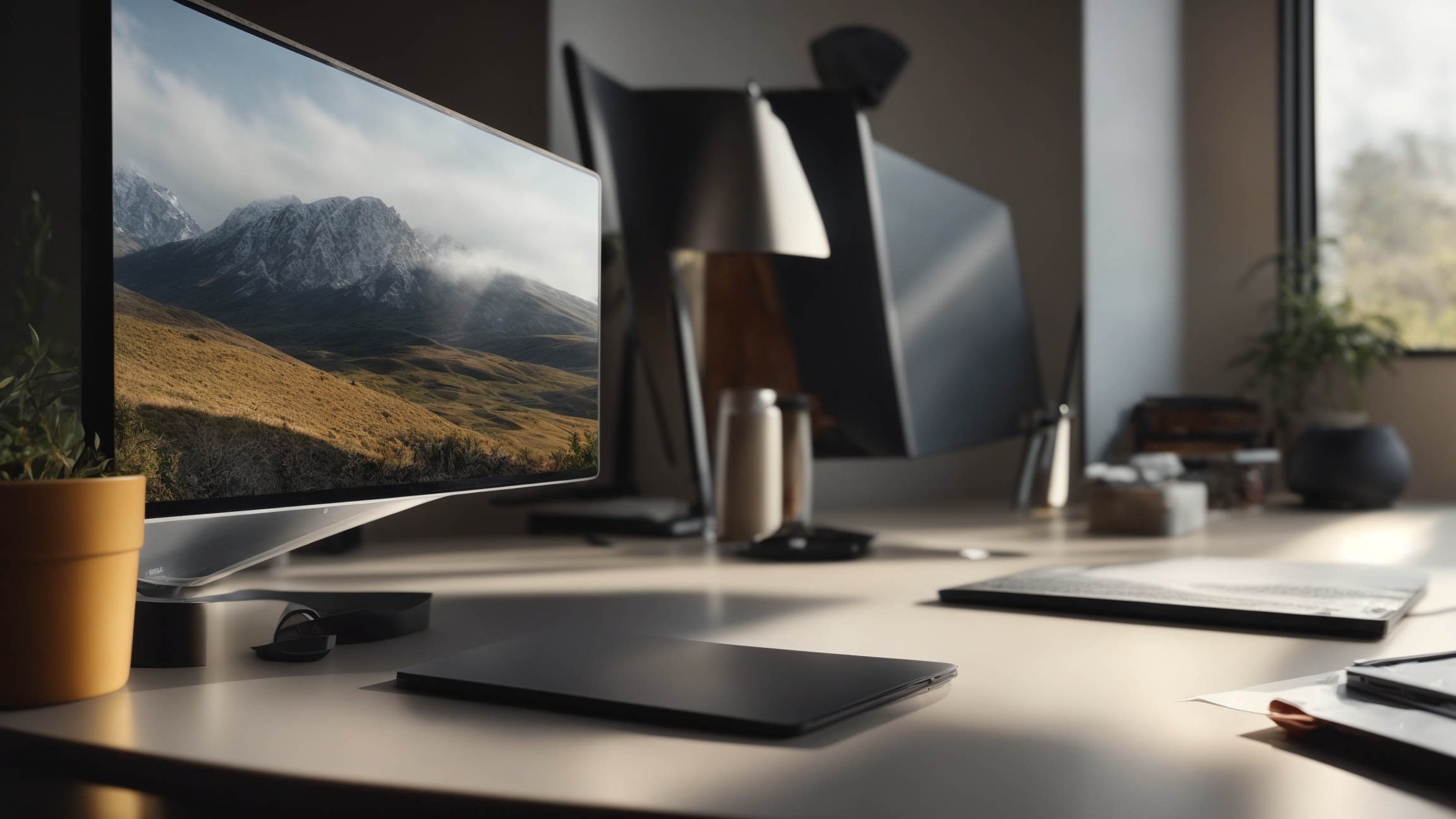 Monitor digital modern di meja kerja