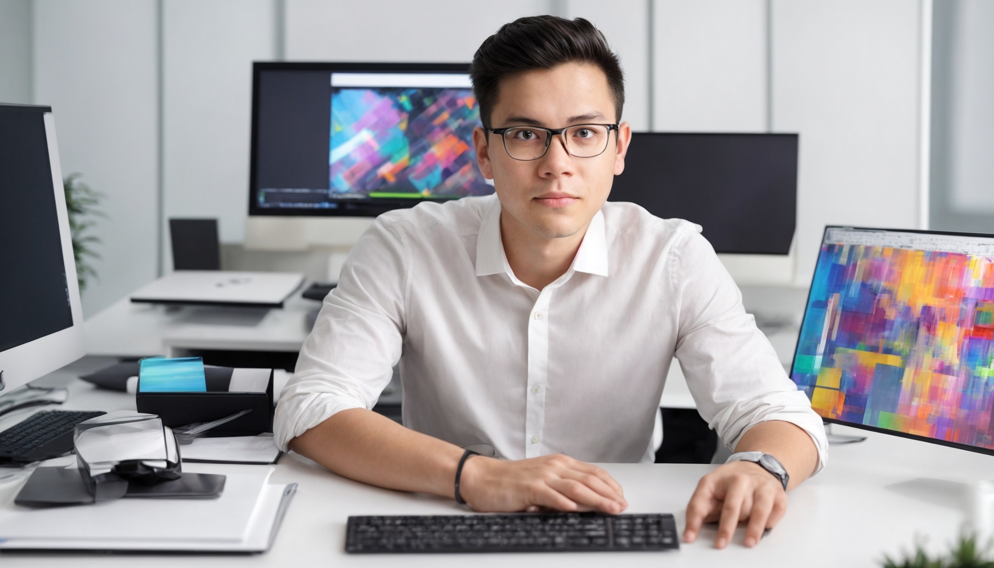 Seorang profesional teknologi sedang memilih dan menggunakan monitor untuk kebutuhan digital di meja kerja modern