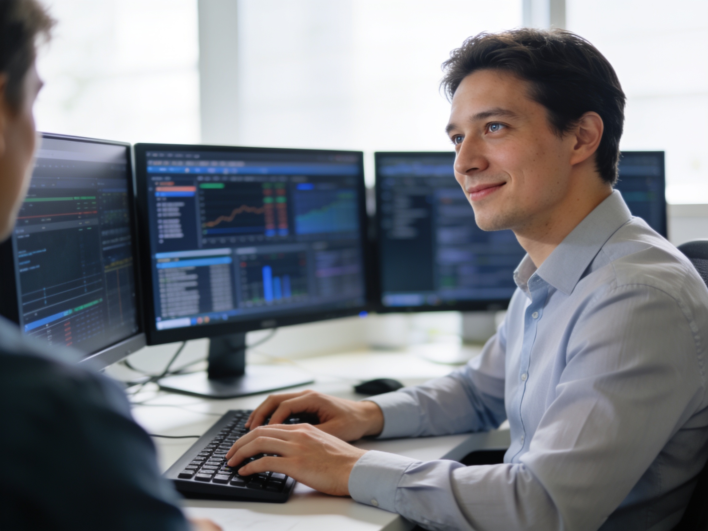 Profesional teknologi sedang bekerja di depan monitor dengan dashboard data di ruang kerja modern.
