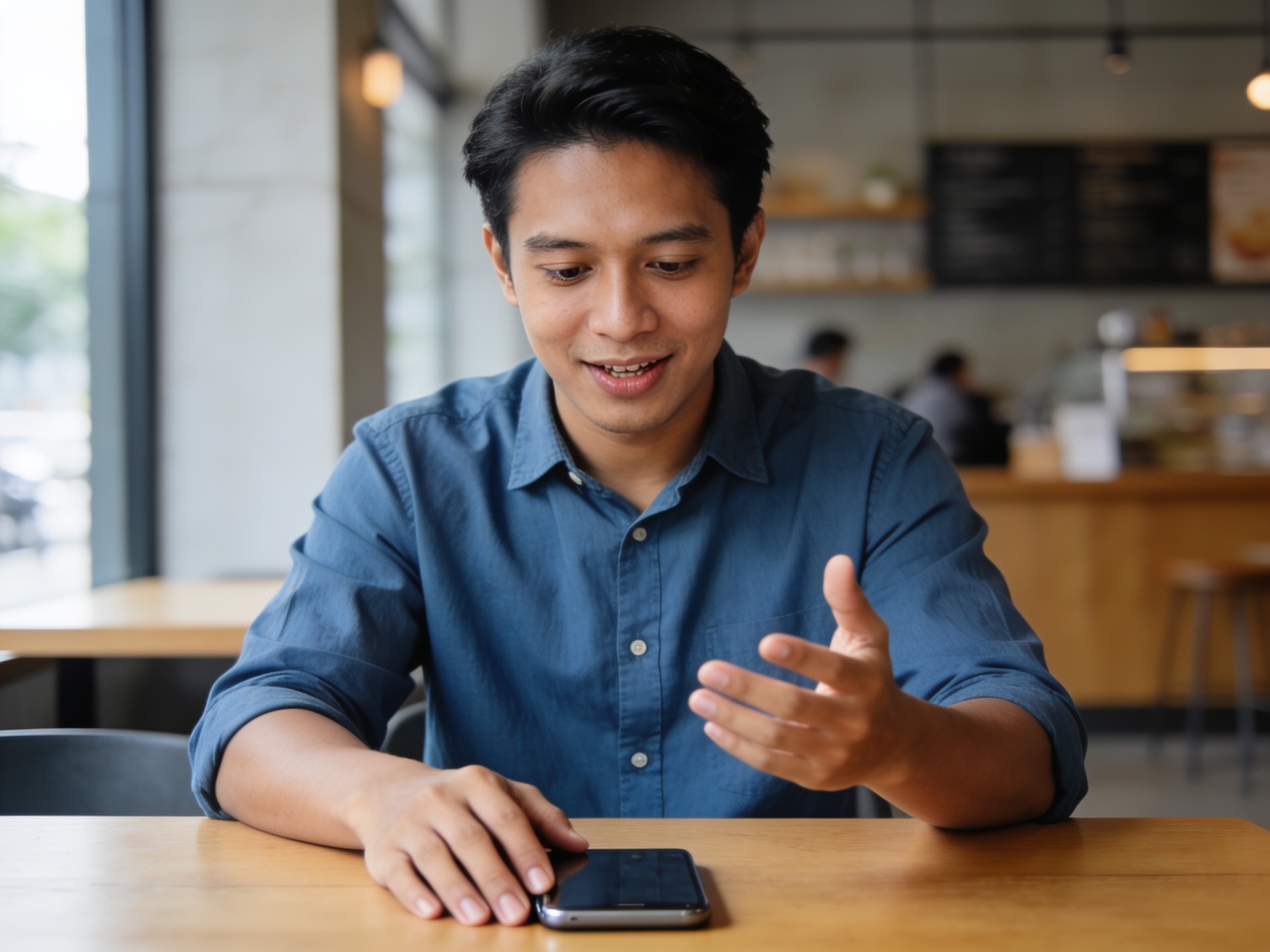 Pria Indonesia menerapkan tips fitur baru gadget di kafe modern