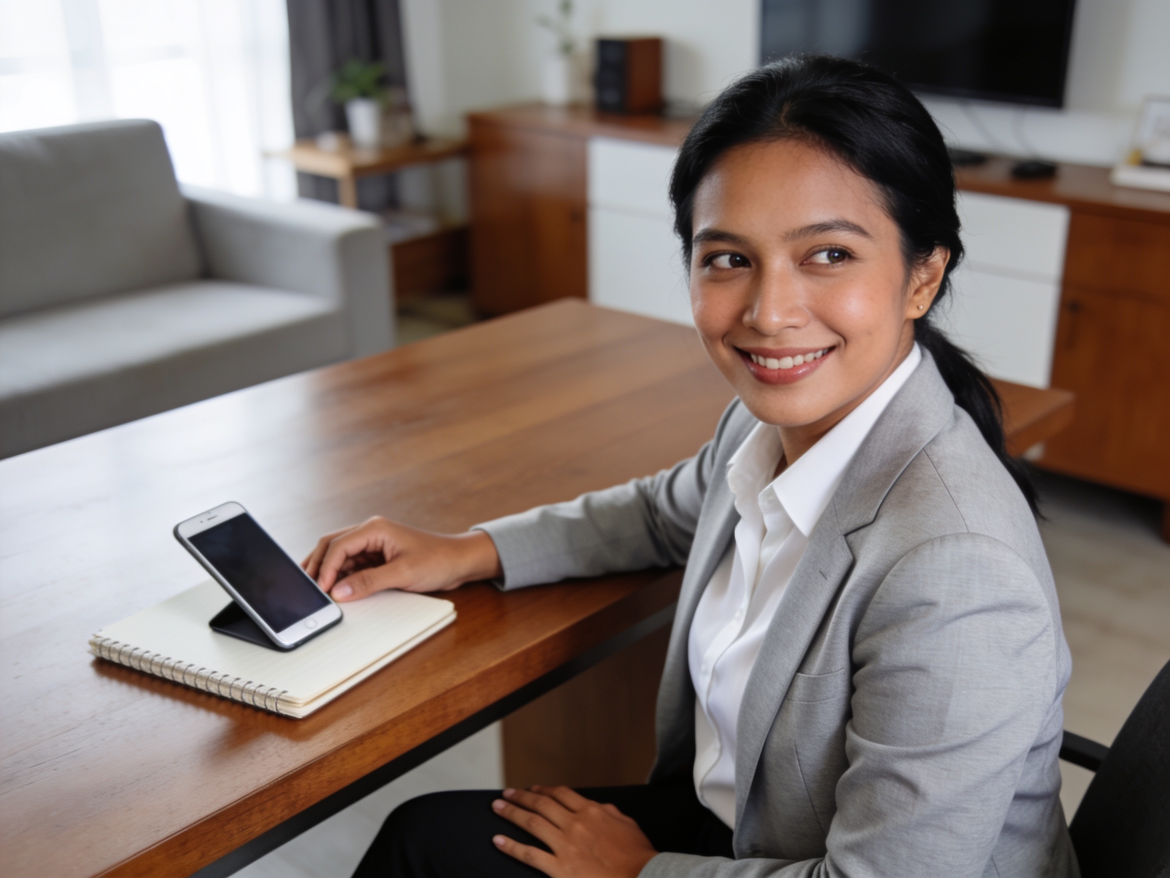 Pengguna memanfaatkan optimasi fitur smartphone digital untuk produktivitas di ruang kerja