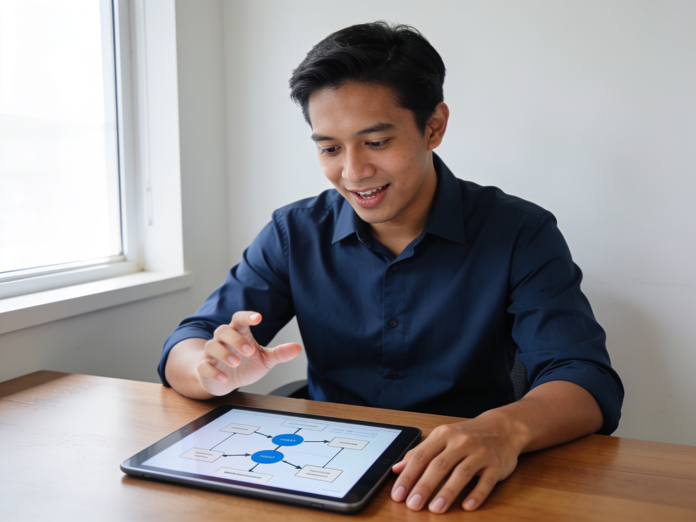 Profesional Indonesia menerapkan optimasi produktivitas kerja tablet dengan konfigurasi setup digital di meja kerja modern.