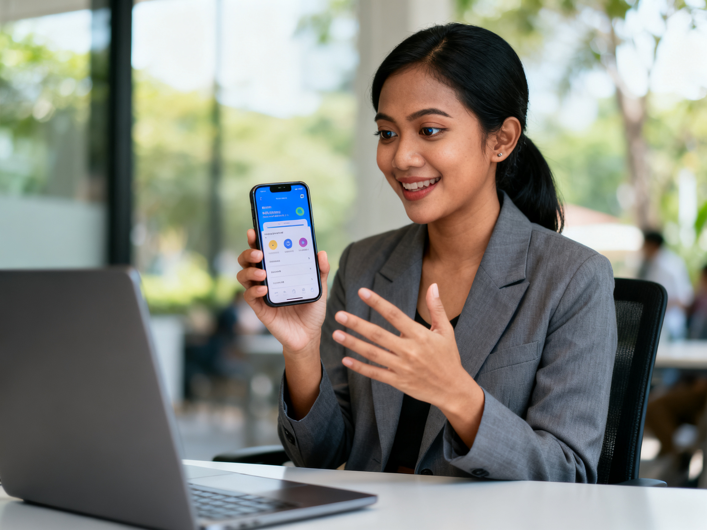 panduan smartphone transformasi digital dengan pengguna meninjau aplikasi produktivitas di perangkat
